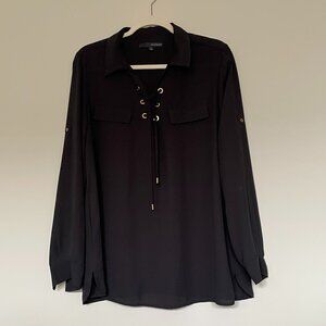 Black Sheer Lace Front Long Sleeve Blouse Harve Benard Size L